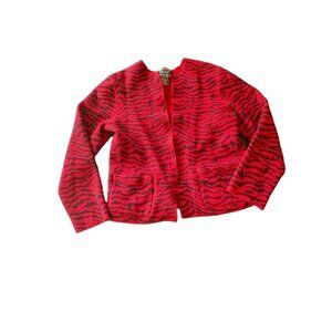 Vintage 1980's Nouveau Red Black Zebra Print Wool Open Front Cardigan Sweater Si